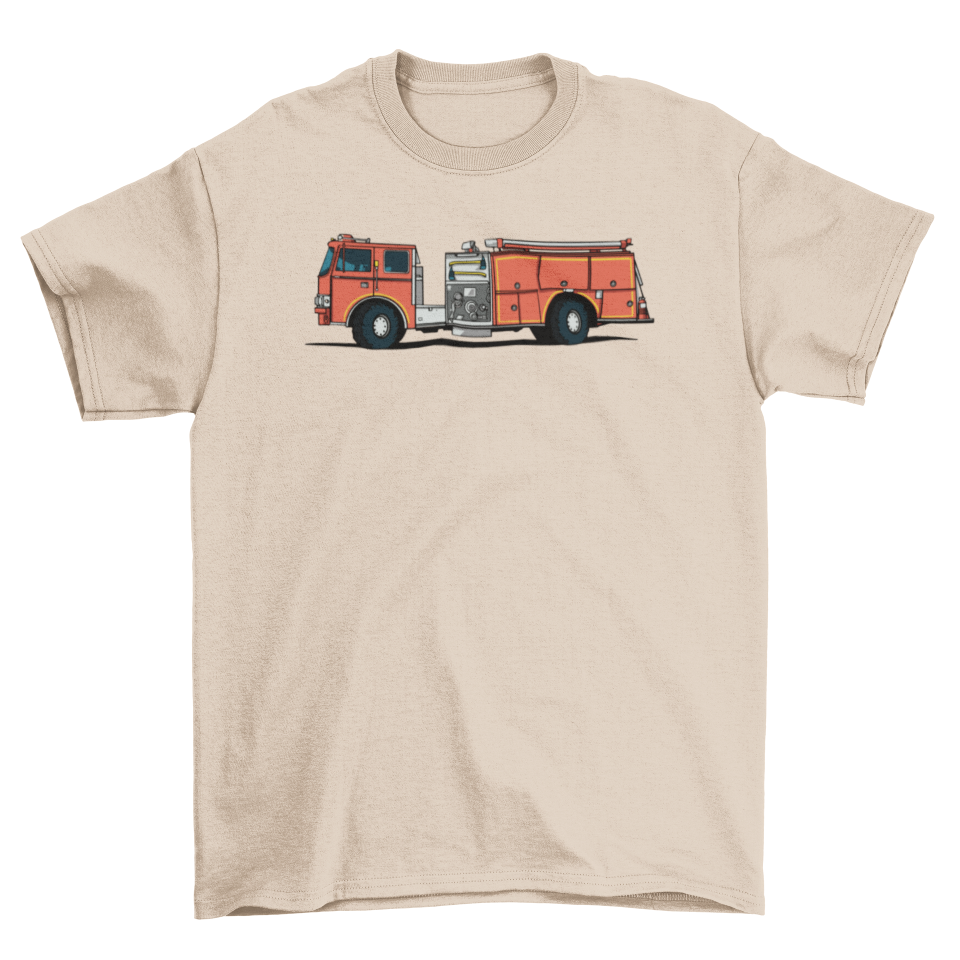 A vibrant t-shirt featuring a detailed fire engine graphic, perfect for enthusiasts of firefighting and emergency services.