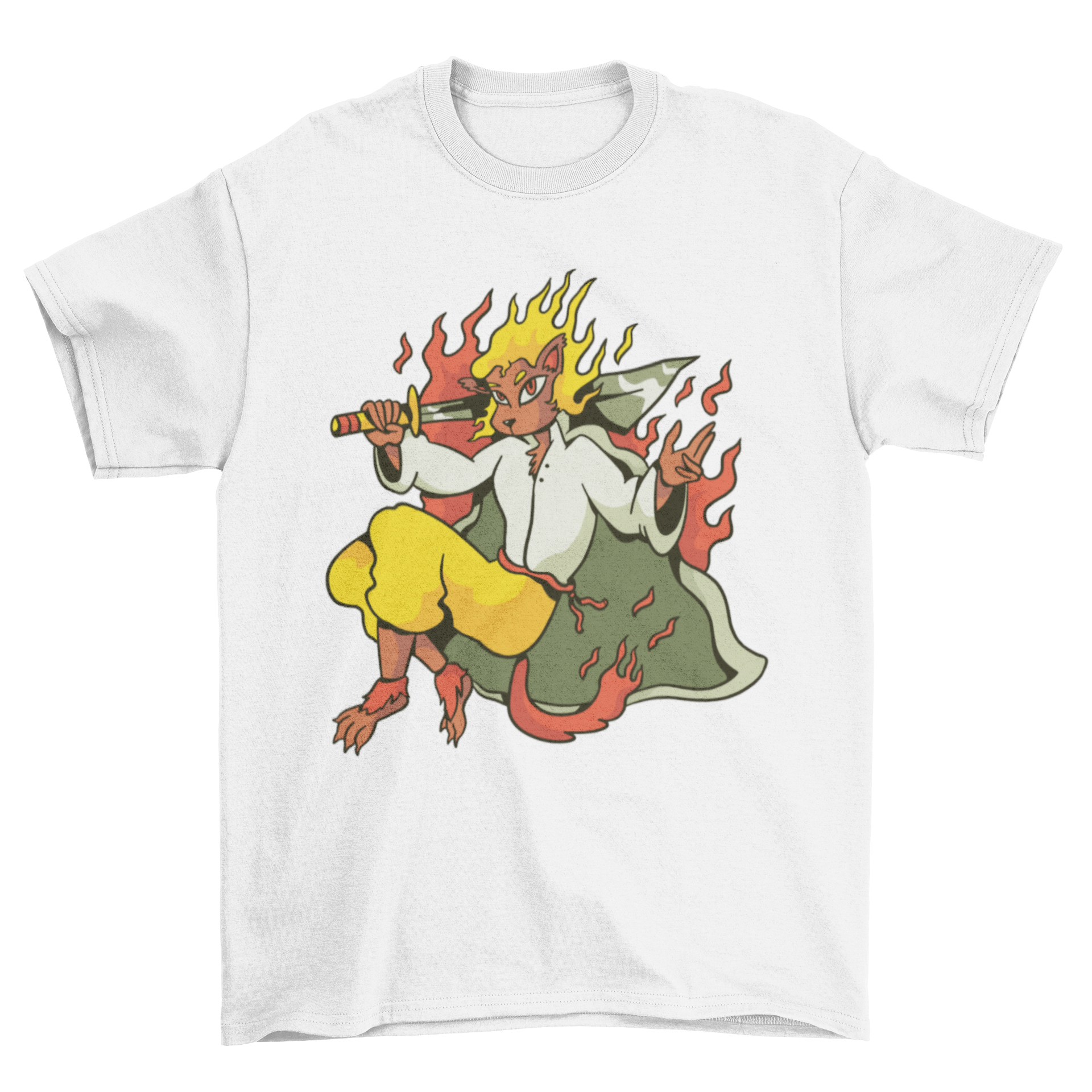 Fire Leon Warrior T-Shirt featuring a fierce warrior animal design with flames and a sword.