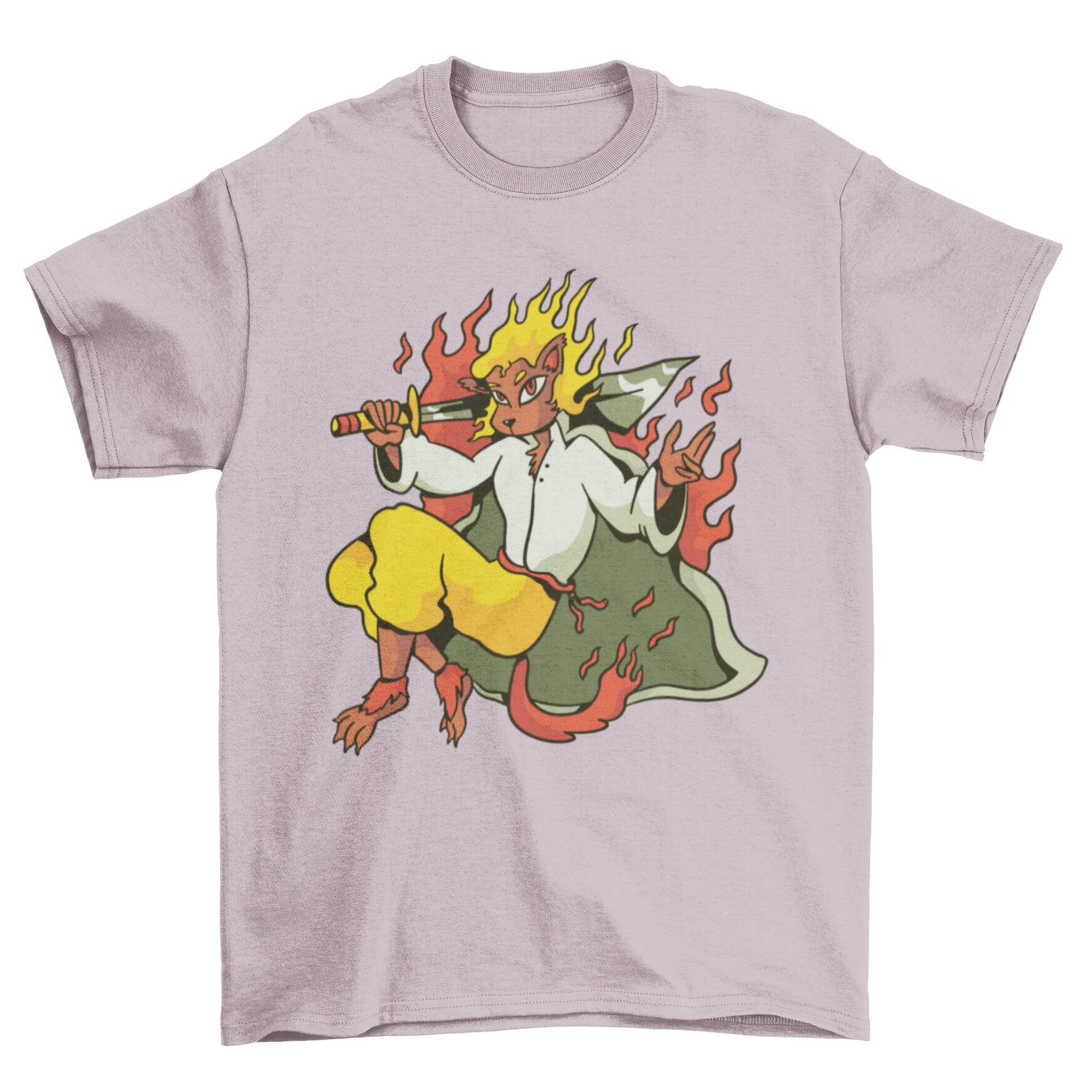 Fire Leon Warrior T-Shirt featuring a fierce warrior animal design with flames and a sword.