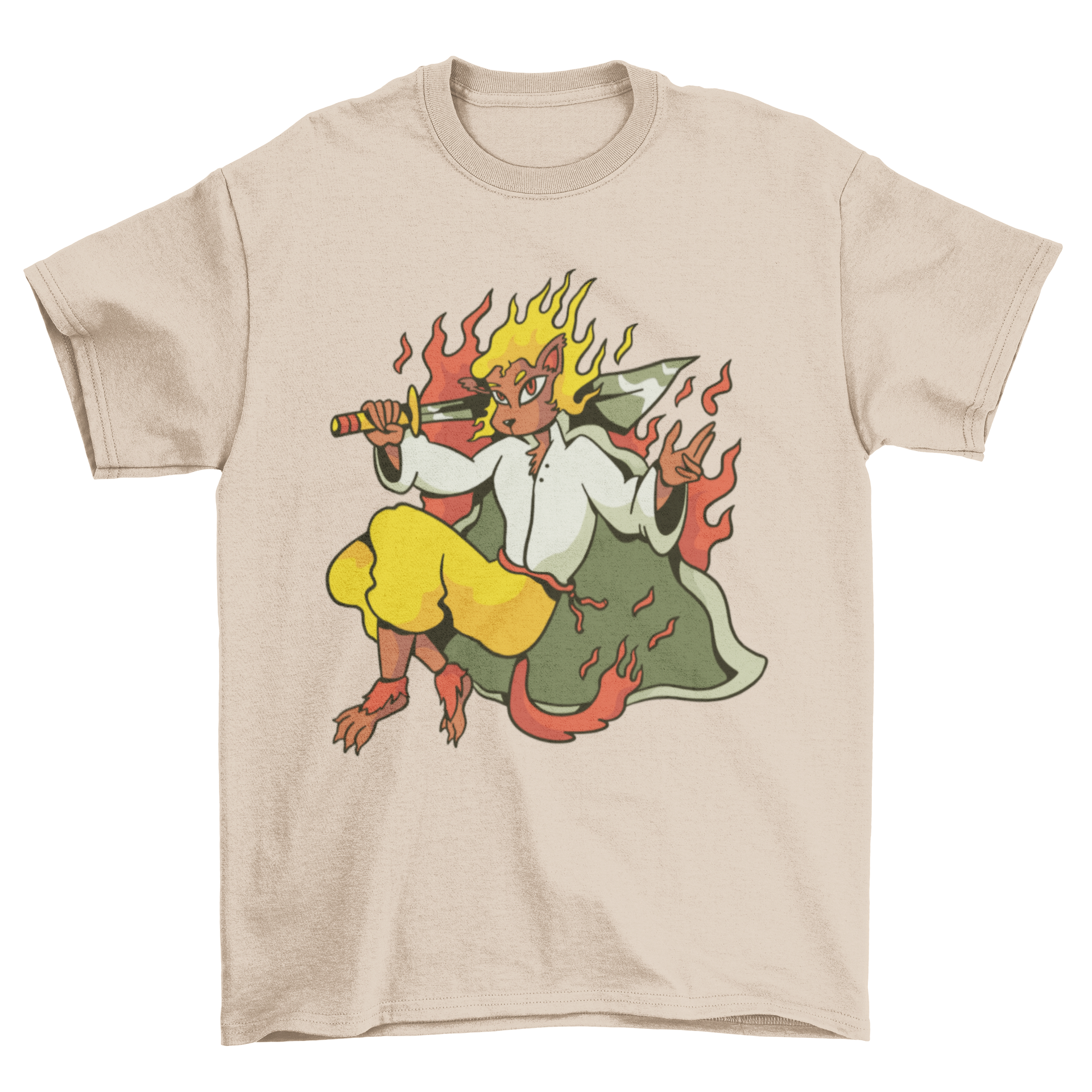 Fire Leon Warrior T-Shirt featuring a fierce warrior animal design with flames and a sword.