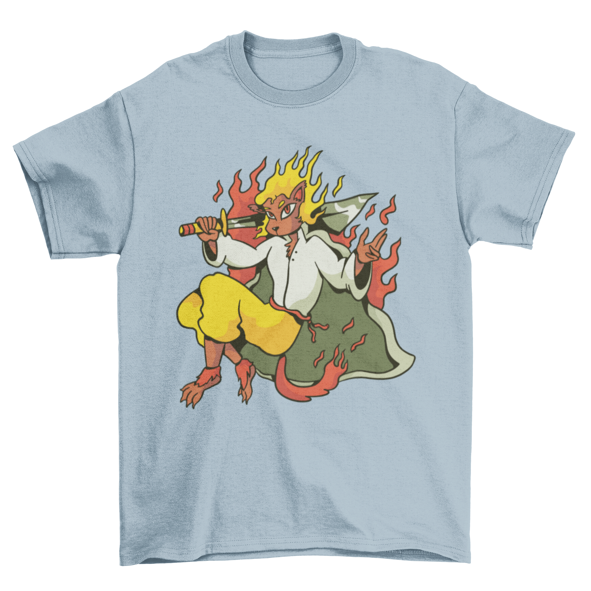 Fire Leon Warrior T-Shirt featuring a fierce warrior animal design with flames and a sword.