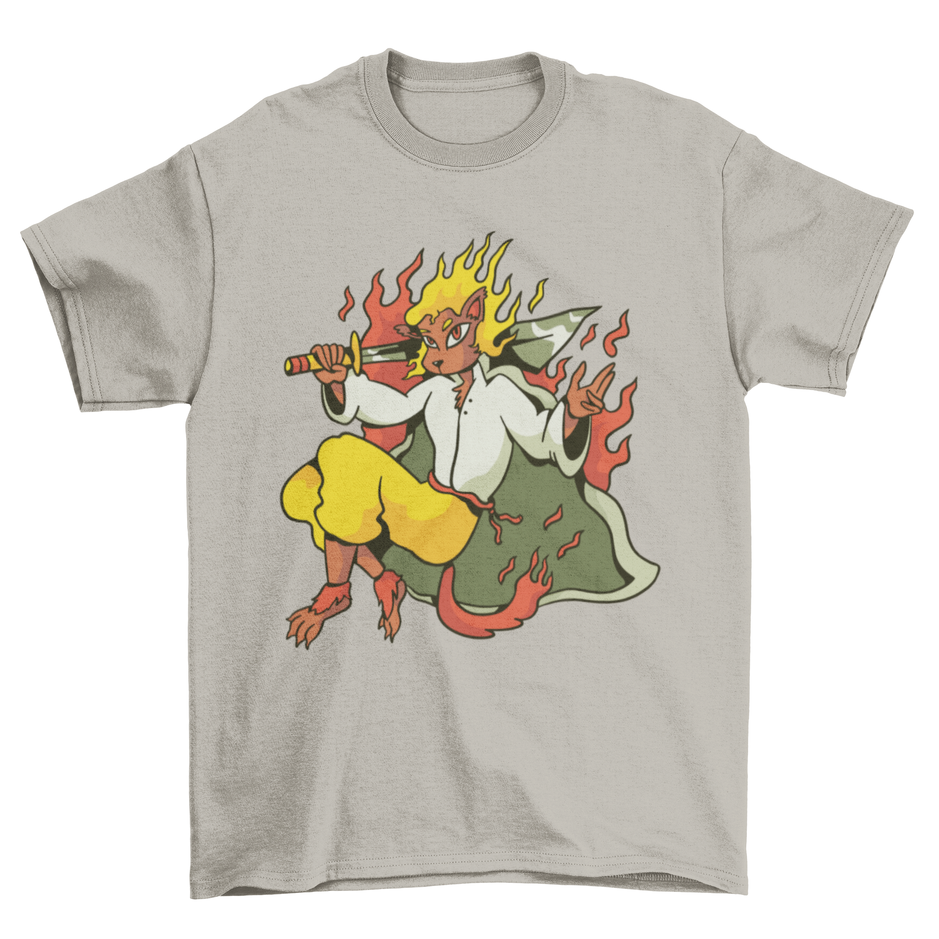 Fire Leon Warrior T-Shirt featuring a fierce warrior animal design with flames and a sword.