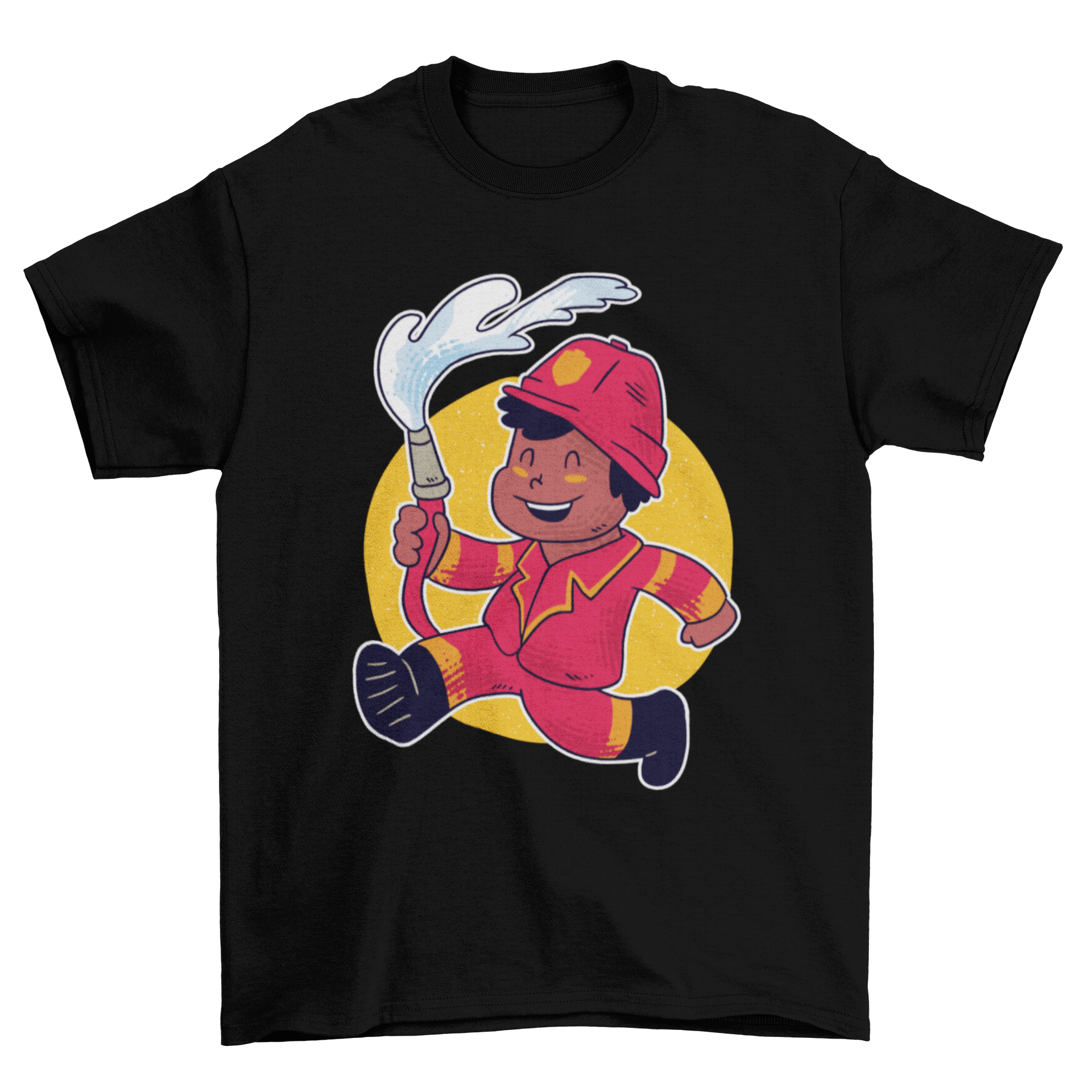 A colorful Firefighter Boy T-shirt featuring a cartoon firefighter boy, perfect for toddlers and kids.