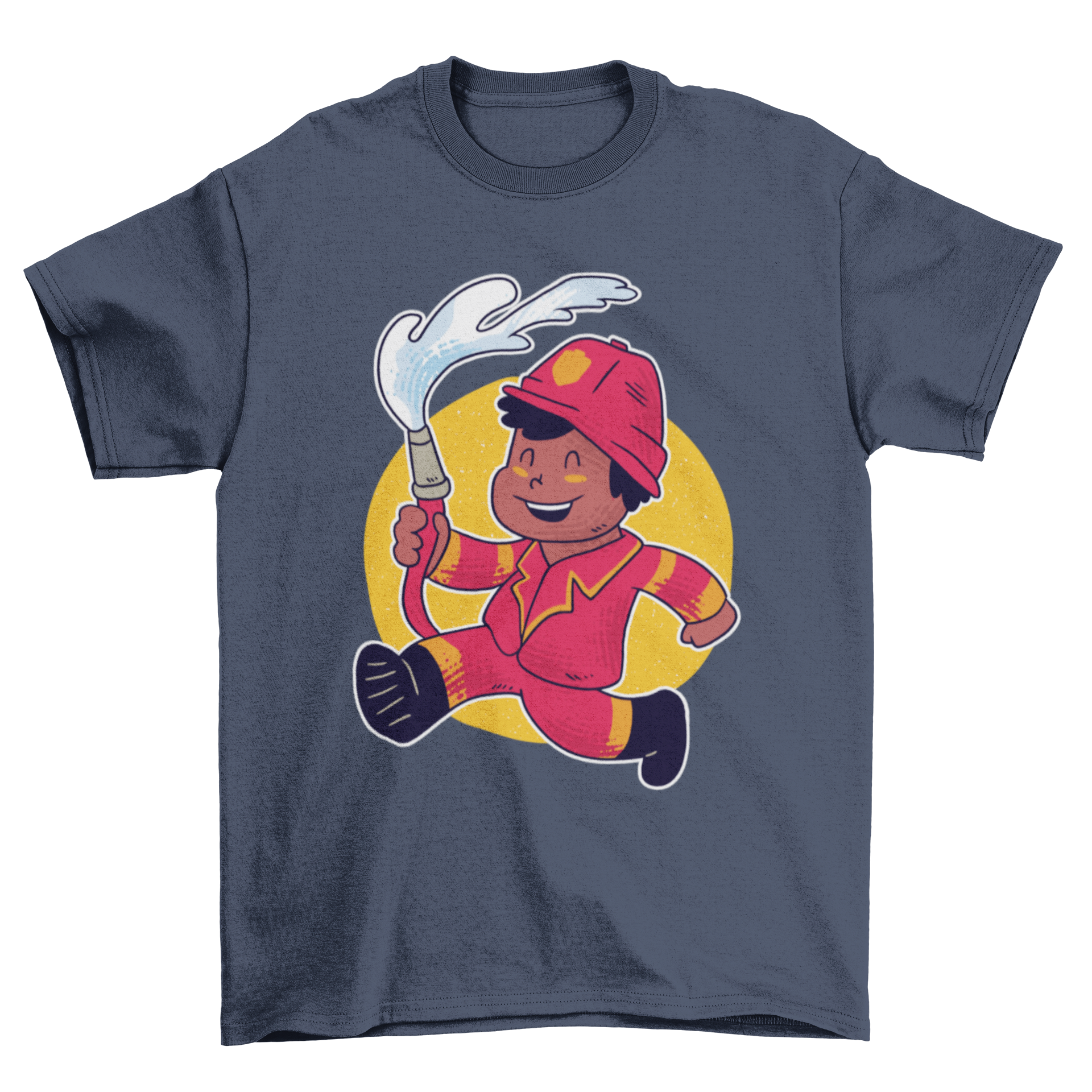 A colorful Firefighter Boy T-shirt featuring a cartoon firefighter boy, perfect for toddlers and kids.