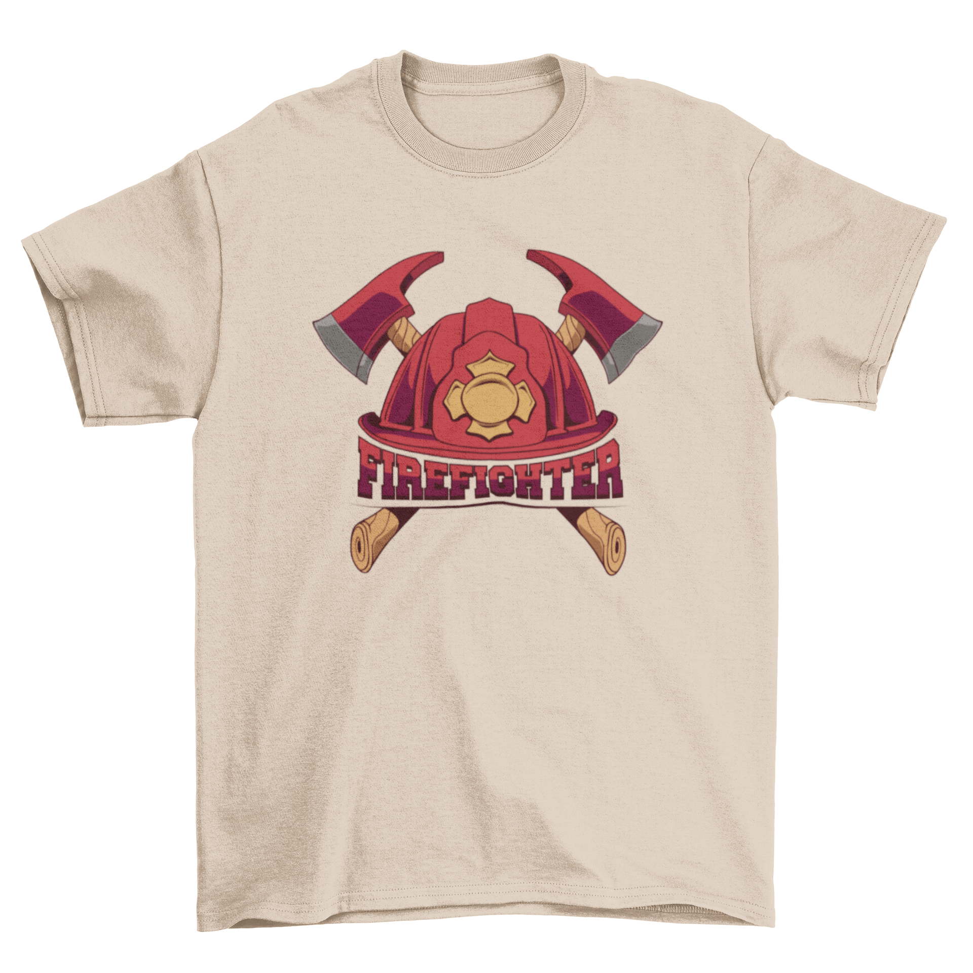 Firefighter elements t-shirt featuring a helmet, two axes, and the quote 'Firefighter' in a stylish design.