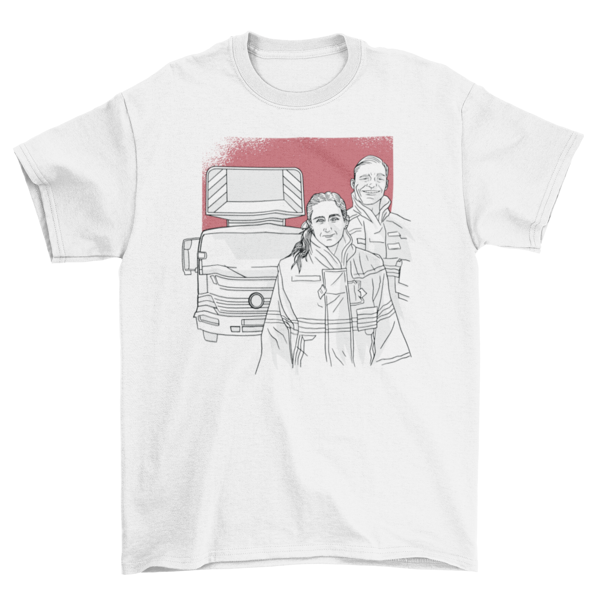 Firefighters t-shirt featuring a detailed illustration of two firefighters in action, showcasing bravery and teamwork.