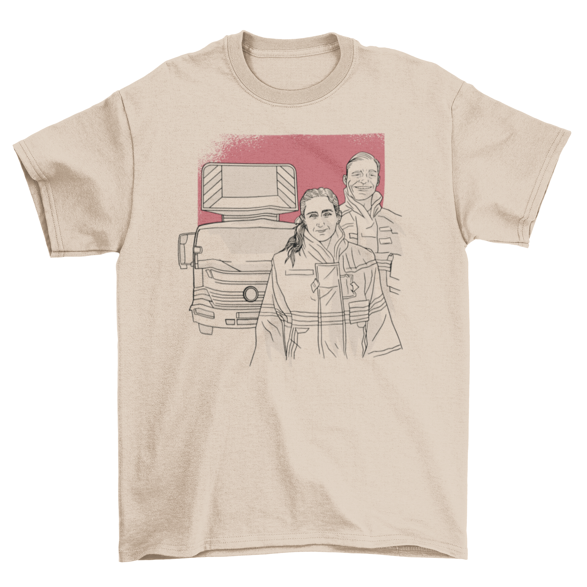 Firefighters t-shirt featuring a detailed illustration of two firefighters in action, showcasing bravery and teamwork.