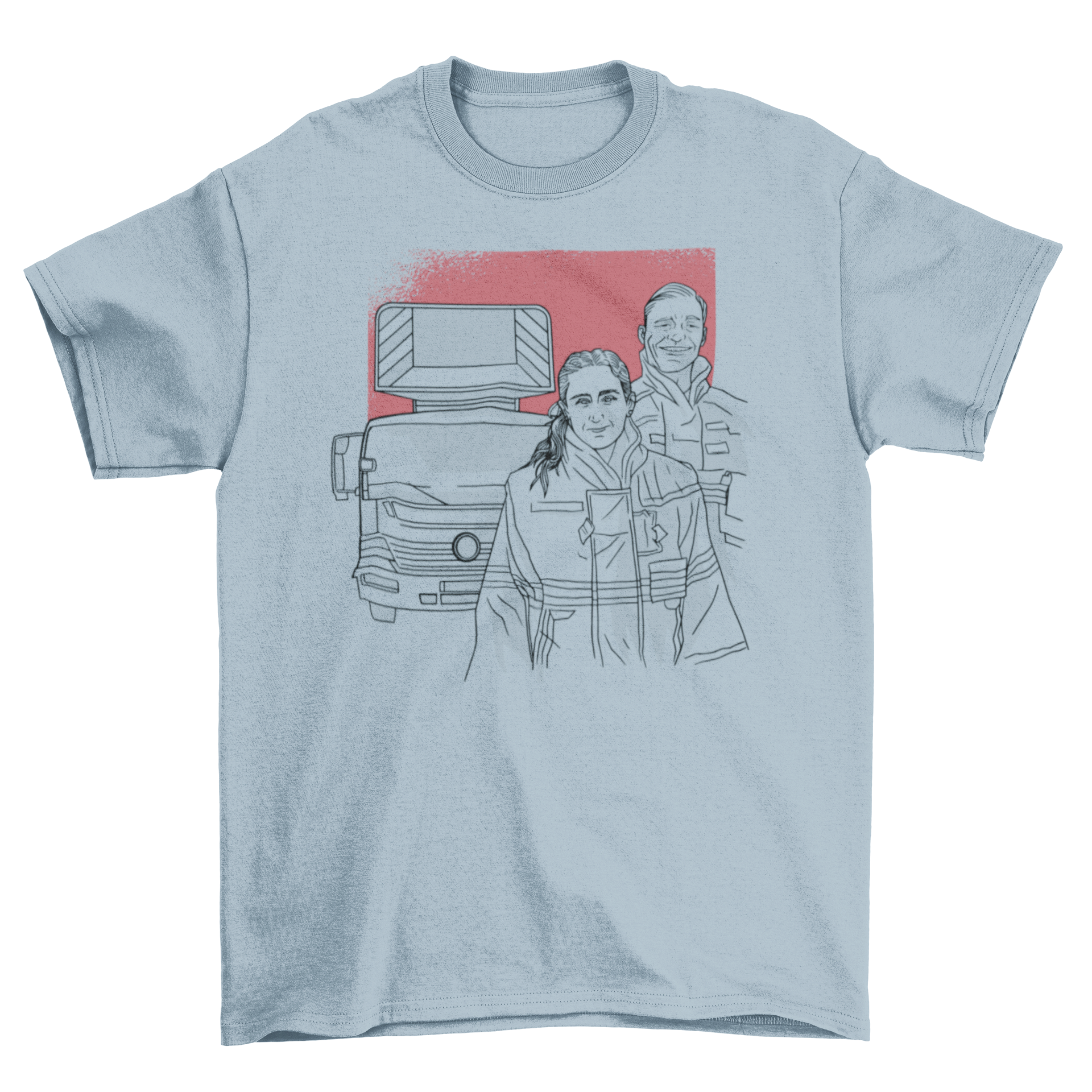 Firefighters t-shirt featuring a detailed illustration of two firefighters in action, showcasing bravery and teamwork.