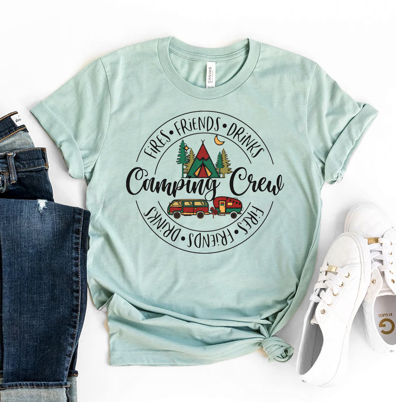 Fires Friends Drinks Camping Crew T-shirt in various sizes, showcasing its soft fabric and vibrant print design.