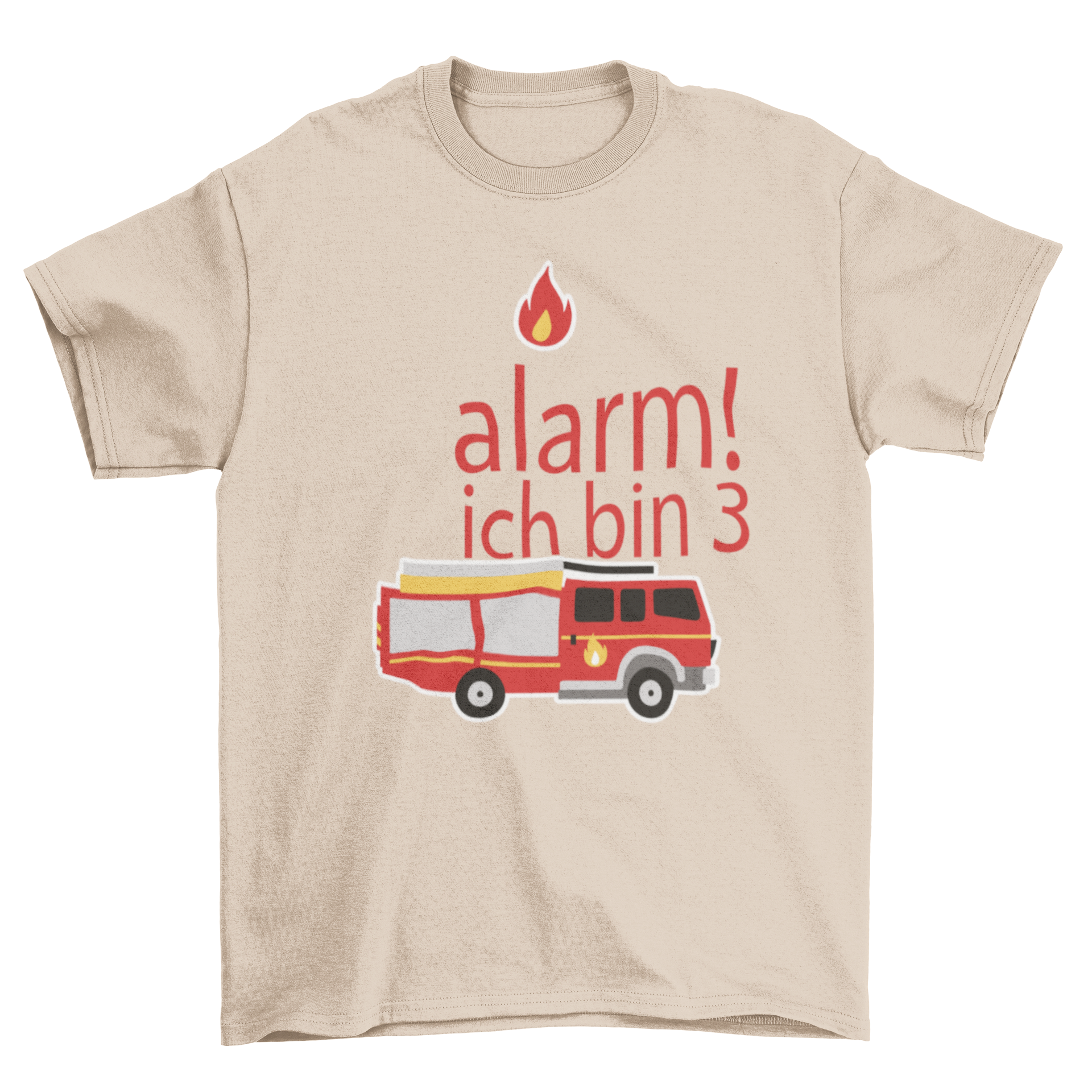 Colorful Firetruck birthday t-shirt featuring a German quote for kids celebrating their 3rd birthday.