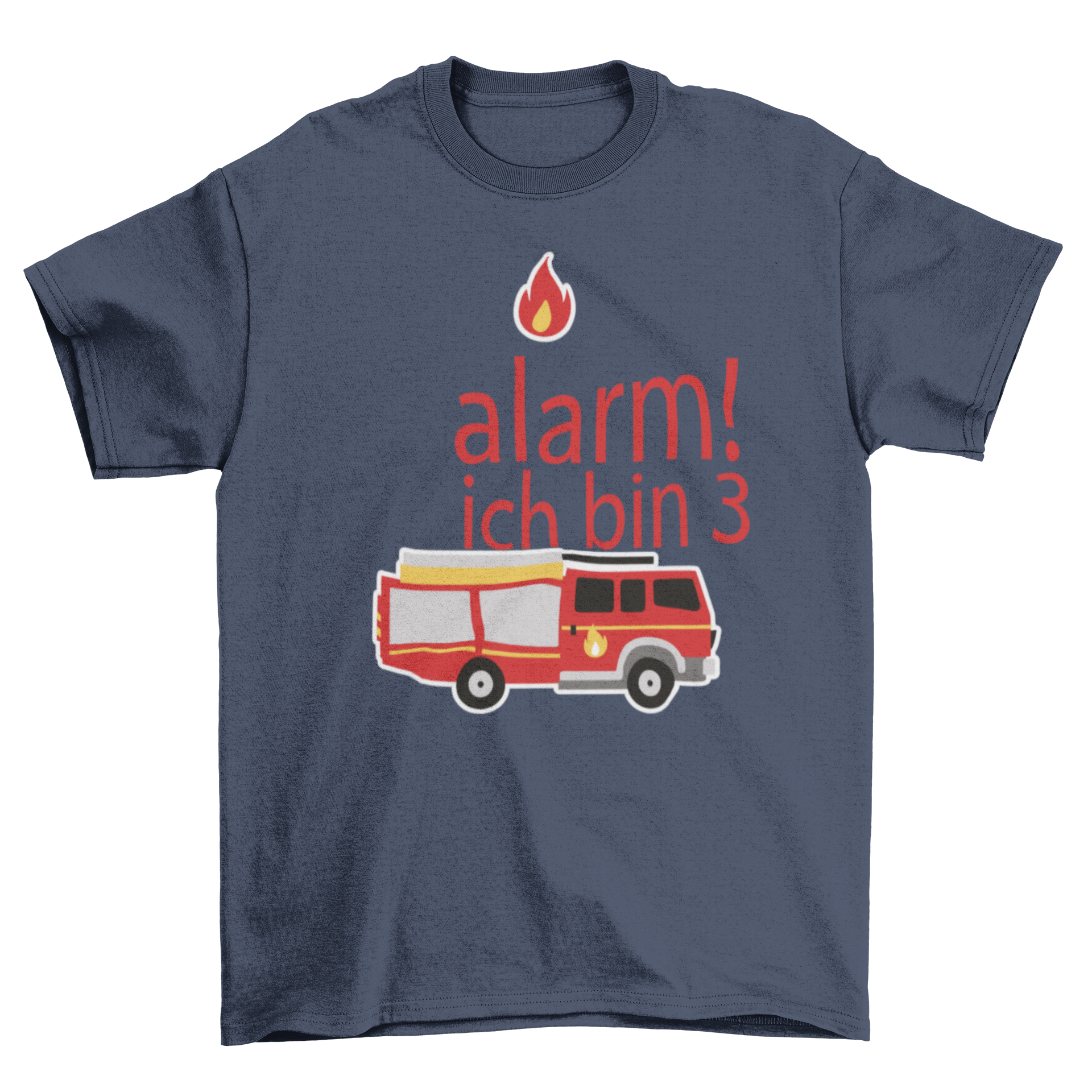 Colorful Firetruck birthday t-shirt featuring a German quote for kids celebrating their 3rd birthday.