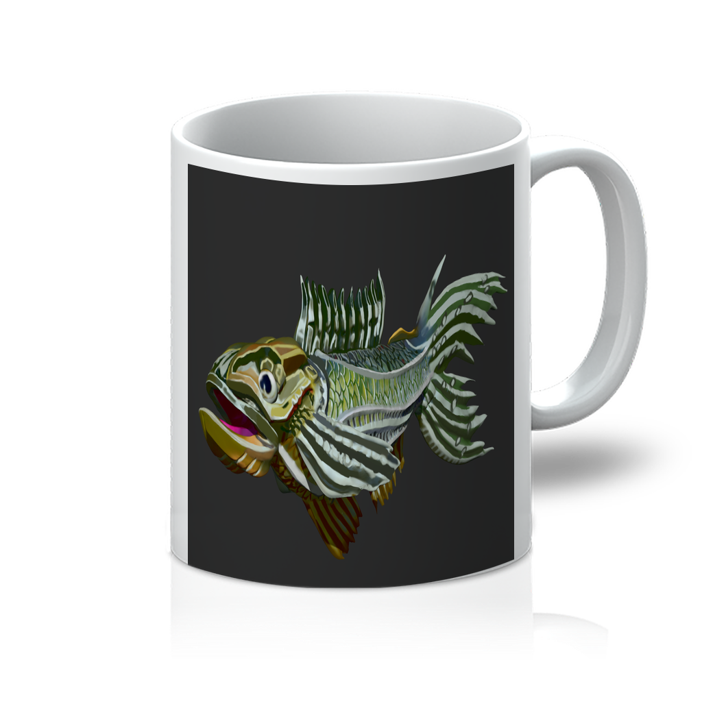 A pristine white 11oz mug featuring a vibrant fish design, showcasing its flawless surface and bright colors.