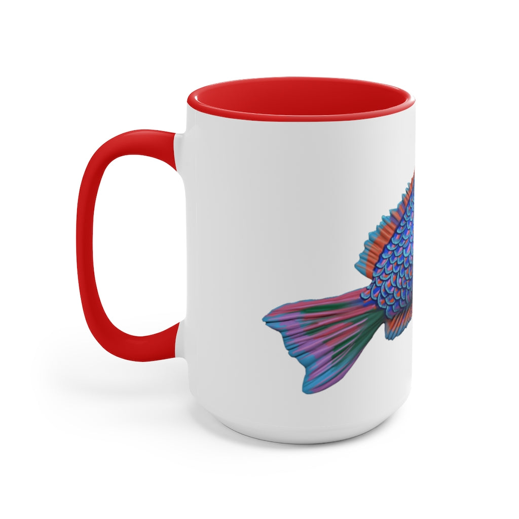 A stylish Fish Accent Mug featuring a white exterior with a colored interior, available in red, pink, and black options.