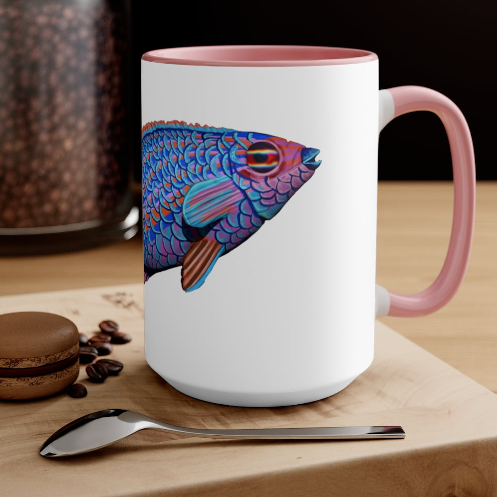 A stylish Fish Accent Mug featuring a white exterior with a colored interior, available in red, pink, and black options.