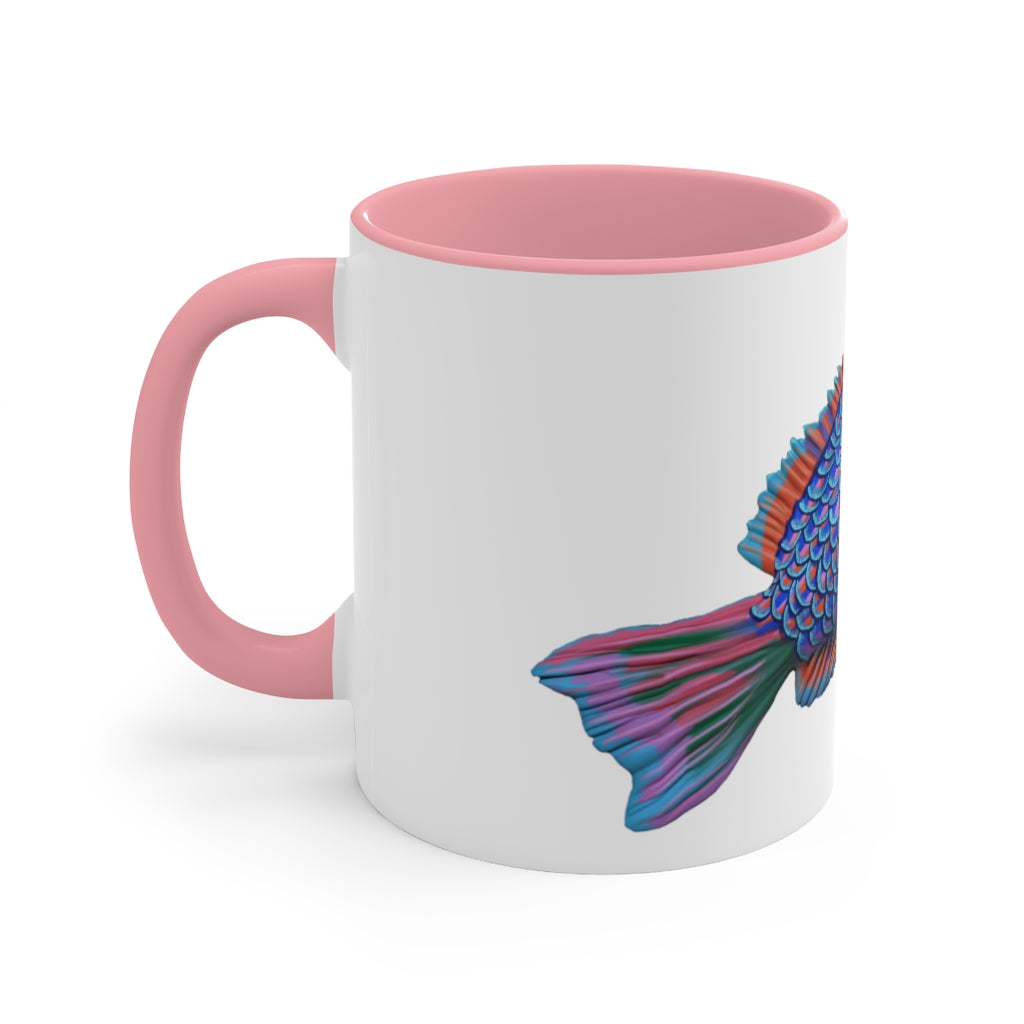 A stylish Fish Accent Mug featuring a white exterior with a colored interior, available in red, pink, and black options.