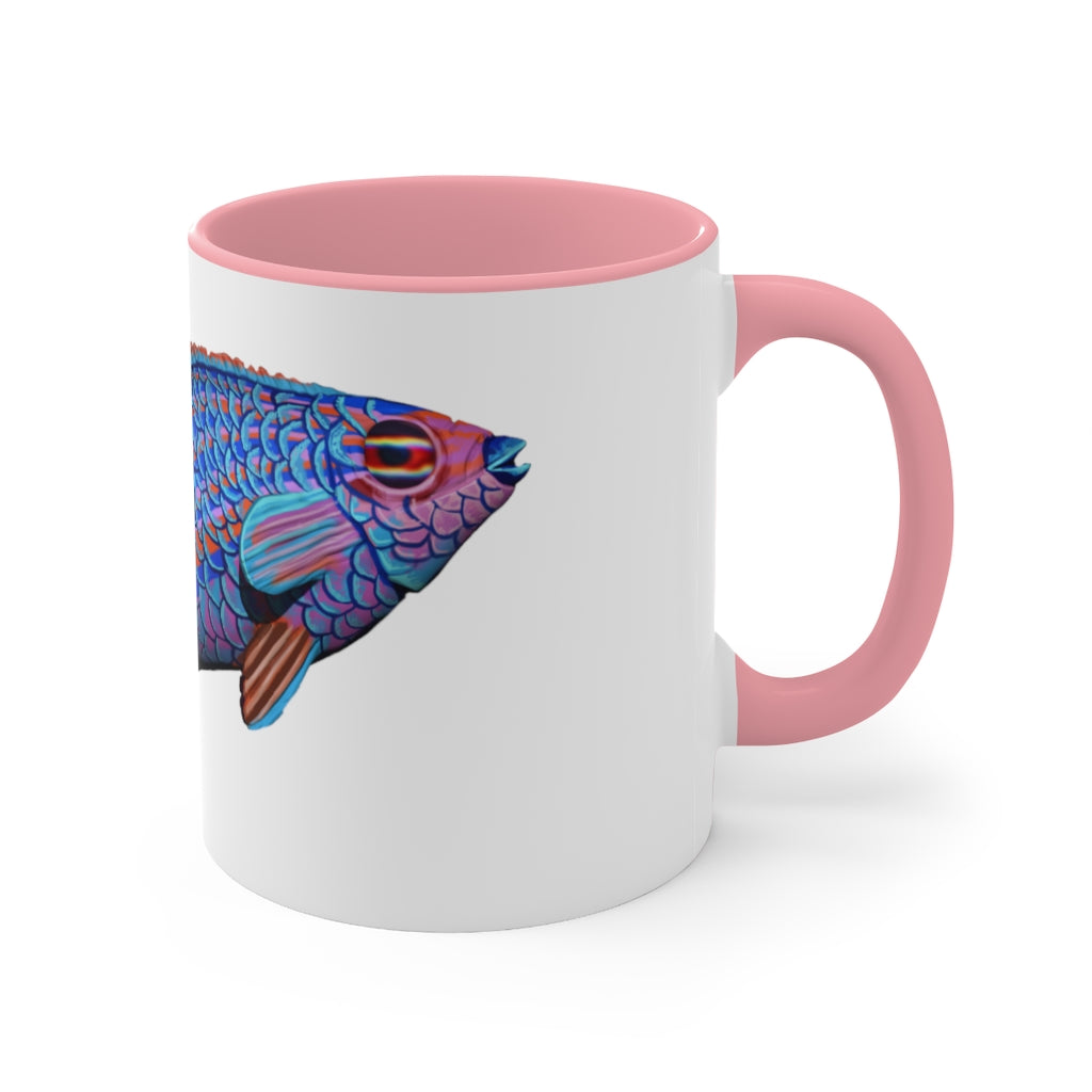 A stylish Fish Accent Mug featuring a white exterior with a colored interior, available in red, pink, and black options.