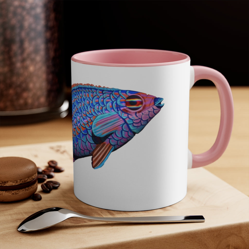 A stylish Fish Accent Mug featuring a white exterior with a colored interior, available in red, pink, and black options.