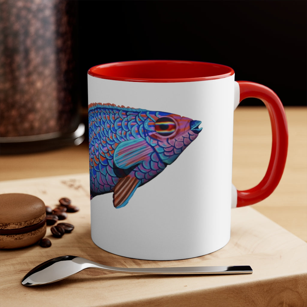 A stylish Fish Accent Mug featuring a white exterior with a colored interior, available in red, pink, and black options.