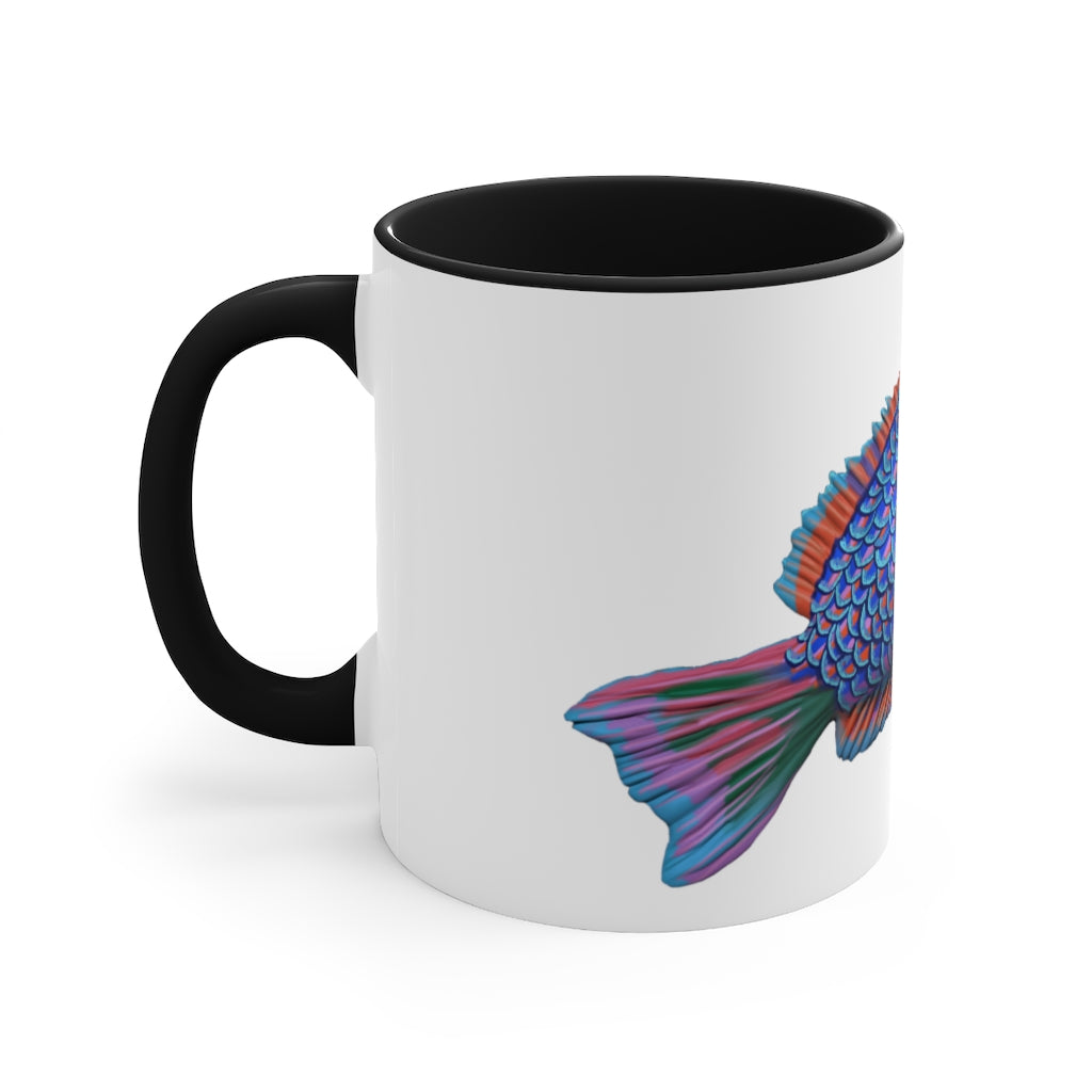 A stylish Fish Accent Mug featuring a white exterior with a colored interior, available in red, pink, and black options.