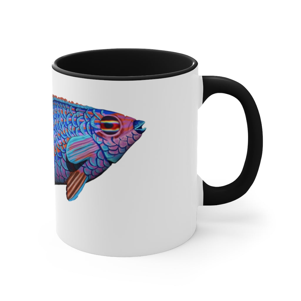 A stylish Fish Accent Mug featuring a white exterior with a colored interior, available in red, pink, and black options.