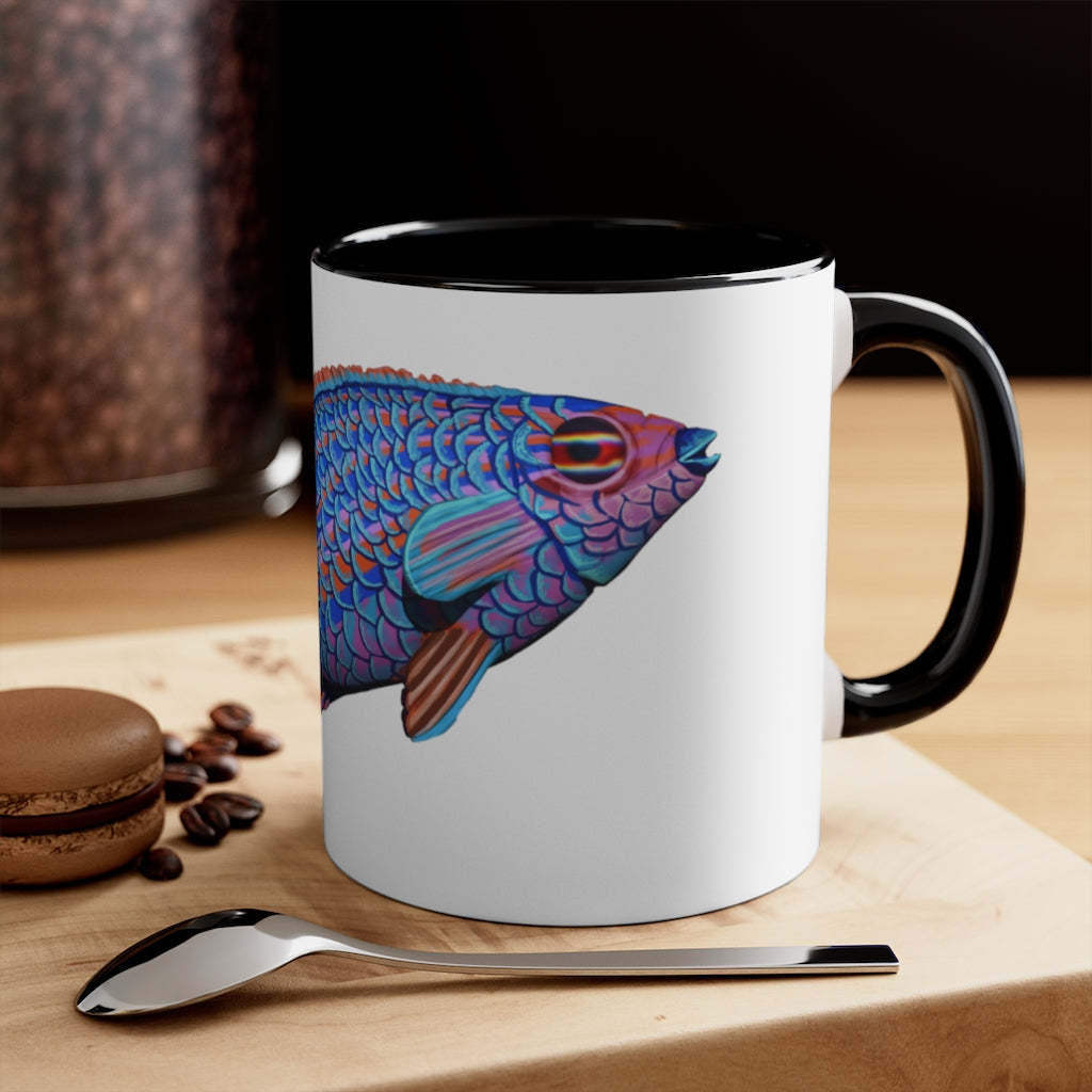 A stylish Fish Accent Mug featuring a white exterior with a colored interior, available in red, pink, and black options.