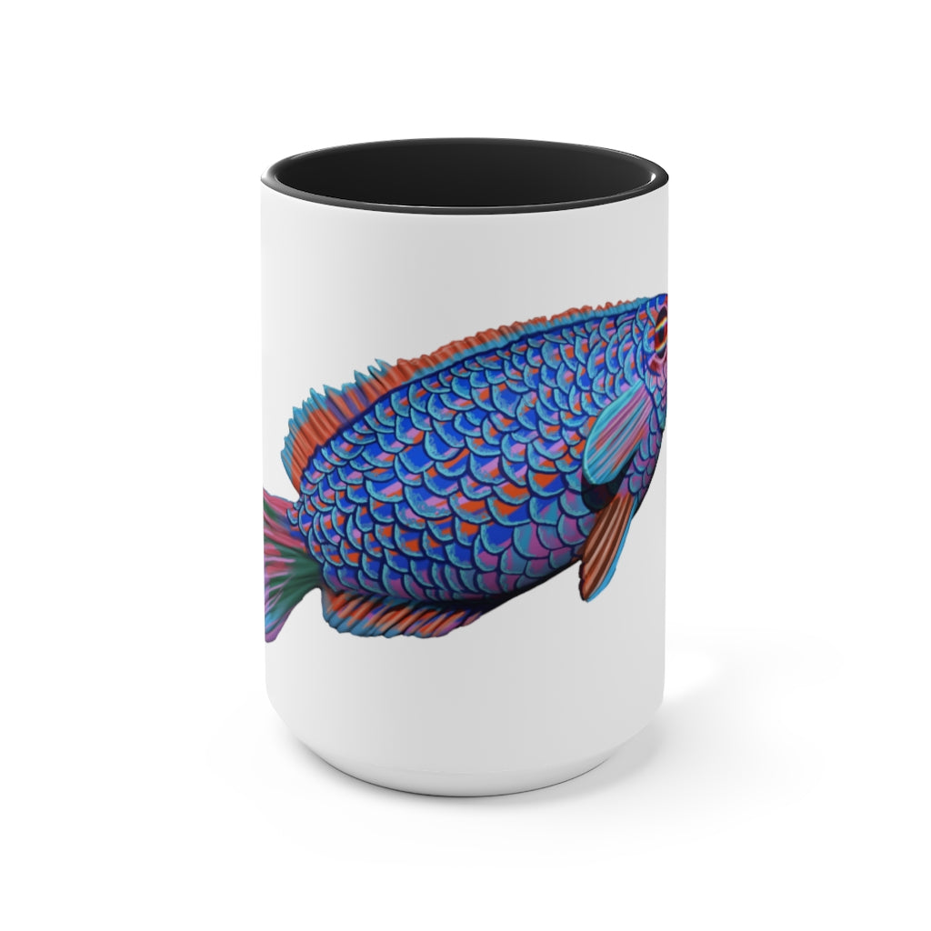 A stylish Fish Accent Mug featuring a white exterior with a colored interior, available in red, pink, and black options.