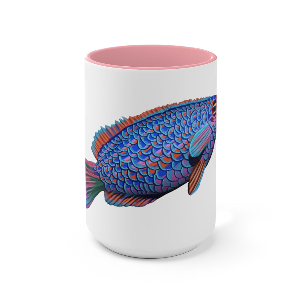 A stylish Fish Accent Mug featuring a white exterior with a colored interior, available in red, pink, and black options.