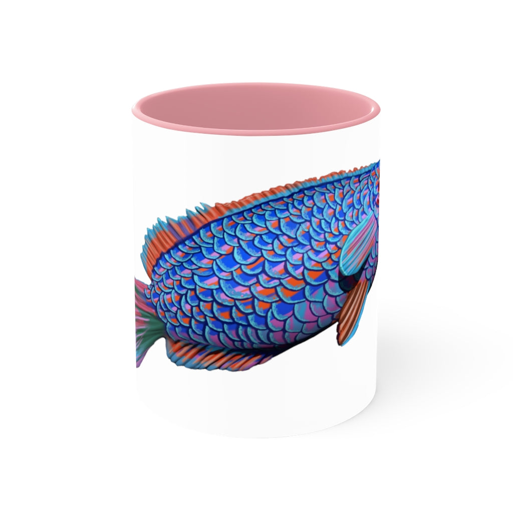 A stylish Fish Accent Mug featuring a white exterior with a colored interior, available in red, pink, and black options.