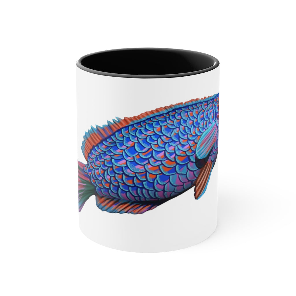 A stylish Fish Accent Mug featuring a white exterior with a colored interior, available in red, pink, and black options.