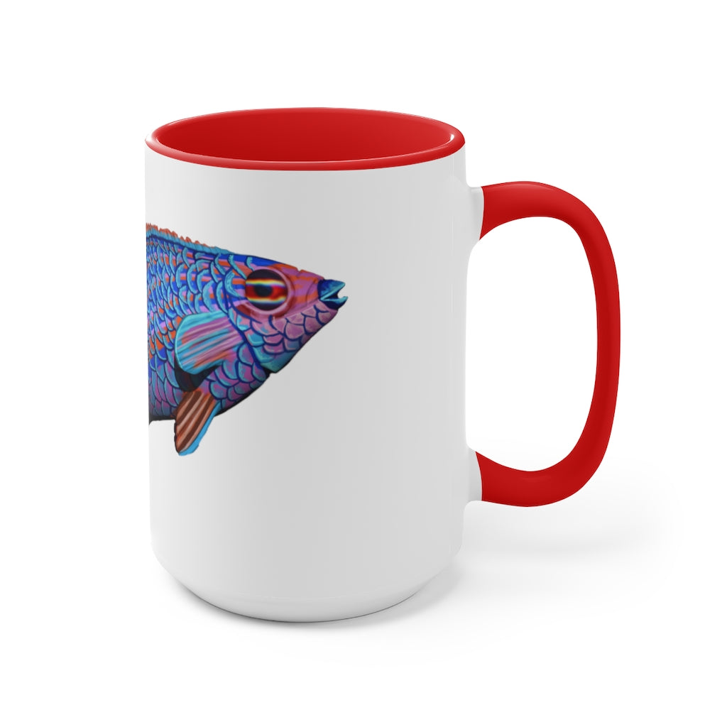 A stylish Fish Accent Mug featuring a white exterior with a colored interior, available in red, pink, and black options.