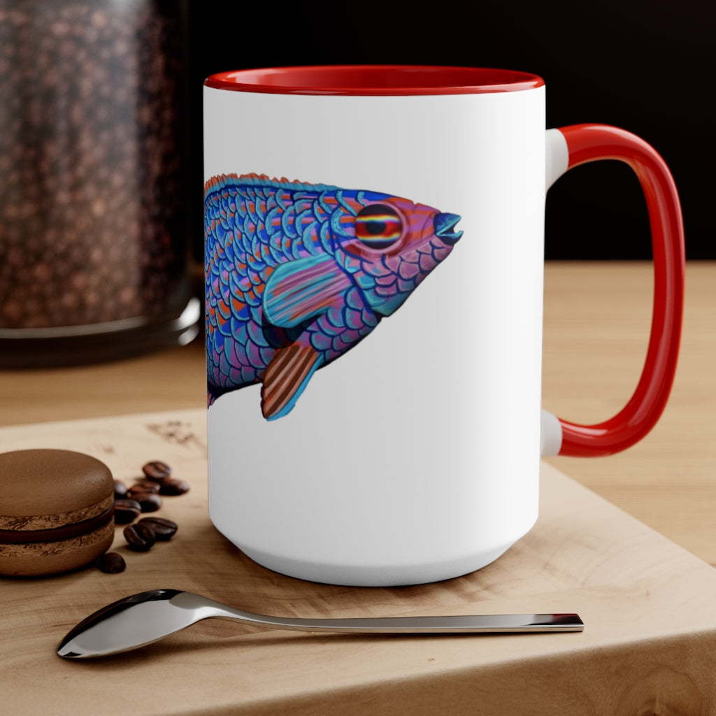 A stylish Fish Accent Mug featuring a white exterior with a colored interior, available in red, pink, and black options.