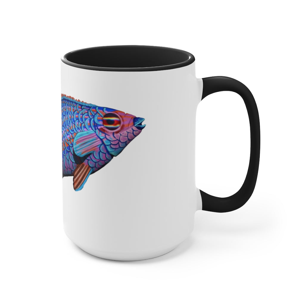 A stylish Fish Accent Mug featuring a white exterior with a colored interior, available in red, pink, and black options.