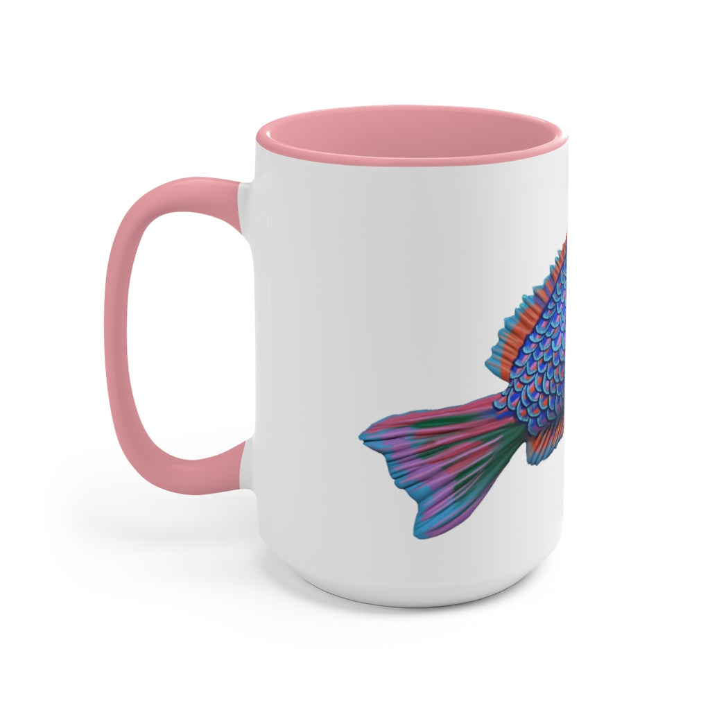 A stylish Fish Accent Mug featuring a white exterior with a colored interior, available in red, pink, and black options.