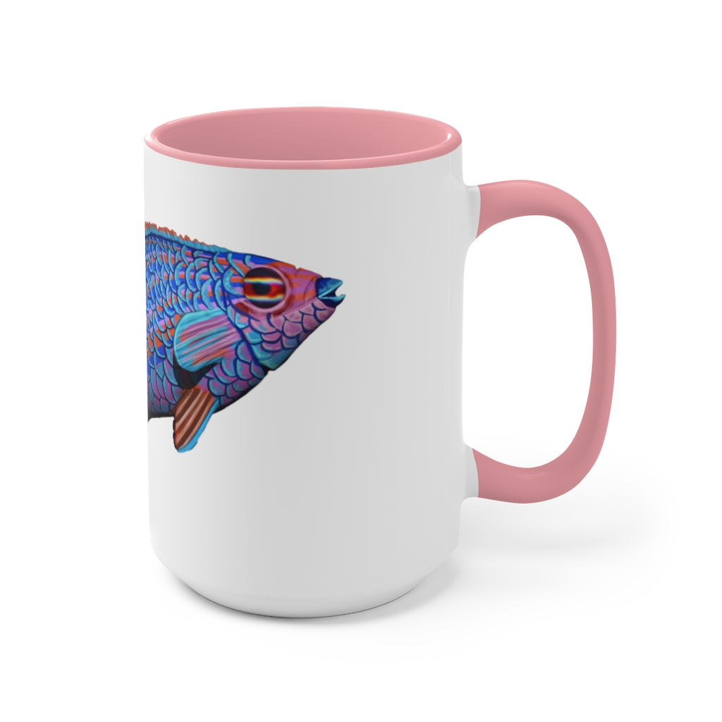 A stylish Fish Accent Mug featuring a white exterior with a colored interior, available in red, pink, and black options.