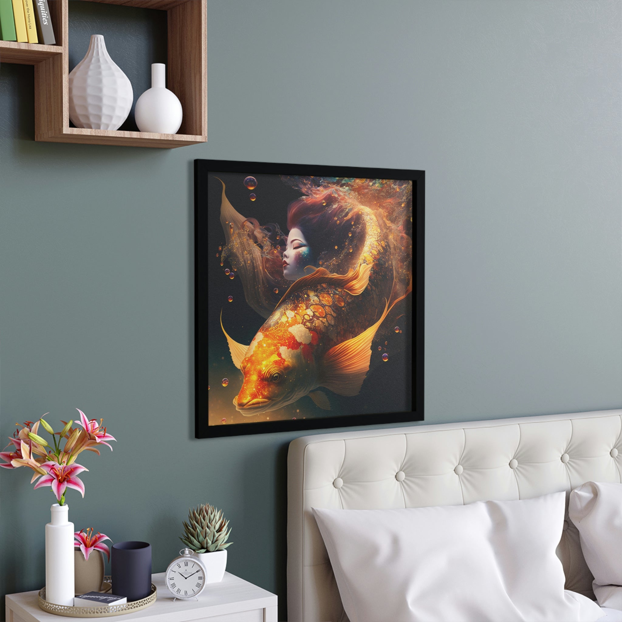 A beautifully framed poster featuring a fish and girl design, showcasing vibrant colors and a hand-crafted wooden frame.