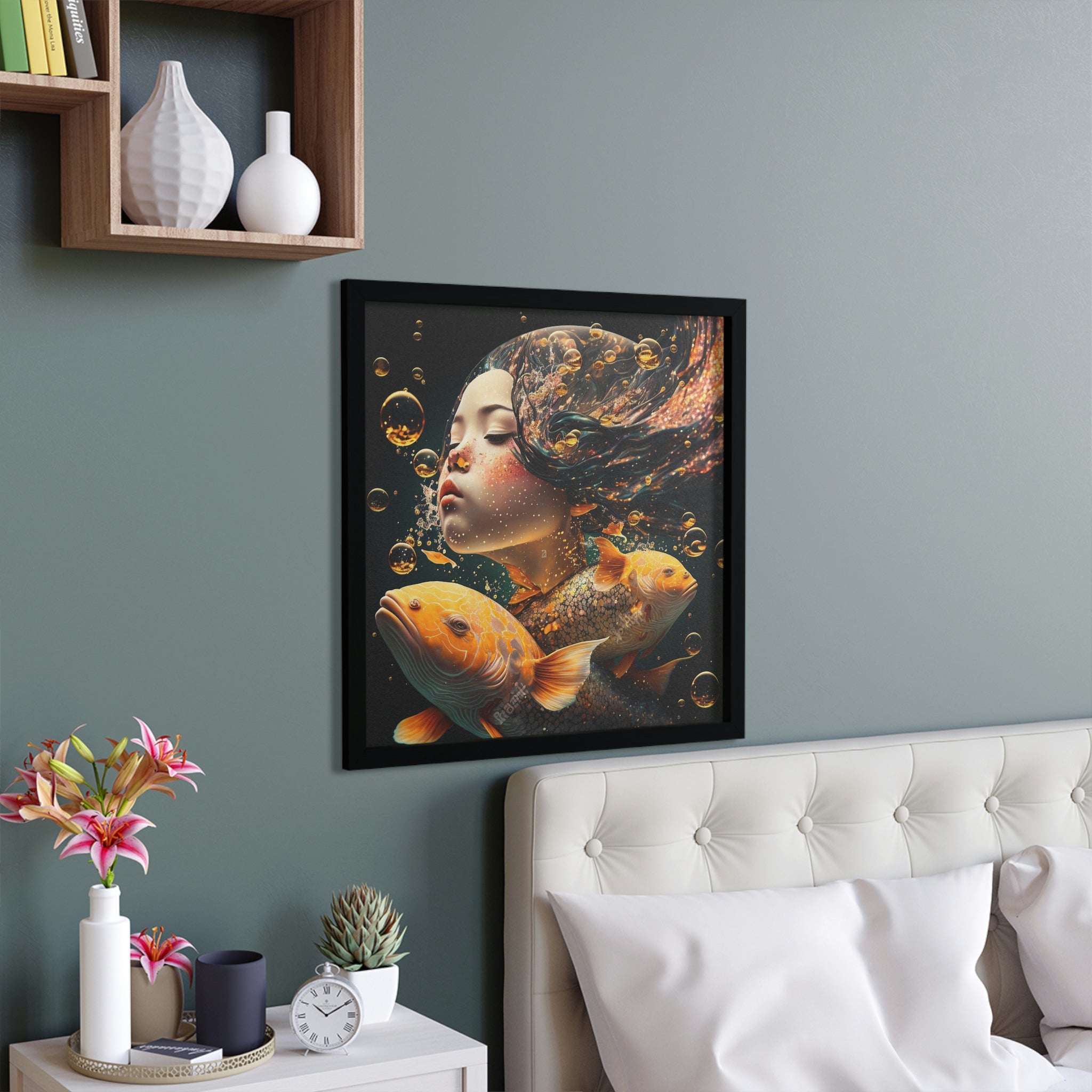 A beautifully framed poster featuring a woman underwater surrounded by colorful koi fish, showcasing vibrant colors and intricate details.