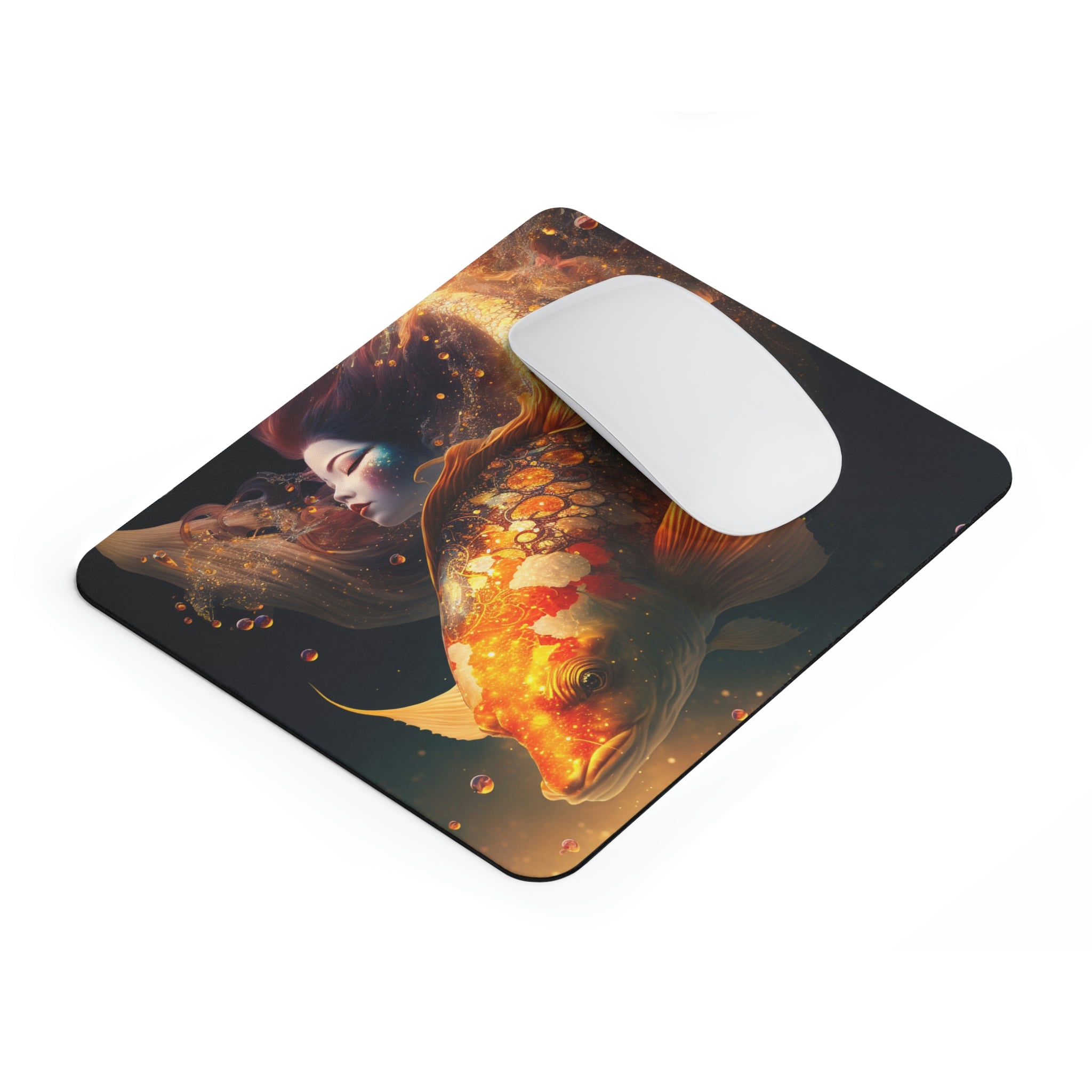 Colorful Fish and Girl Mouse Pad featuring a whimsical design with vibrant colors and a non-slip rubber base.