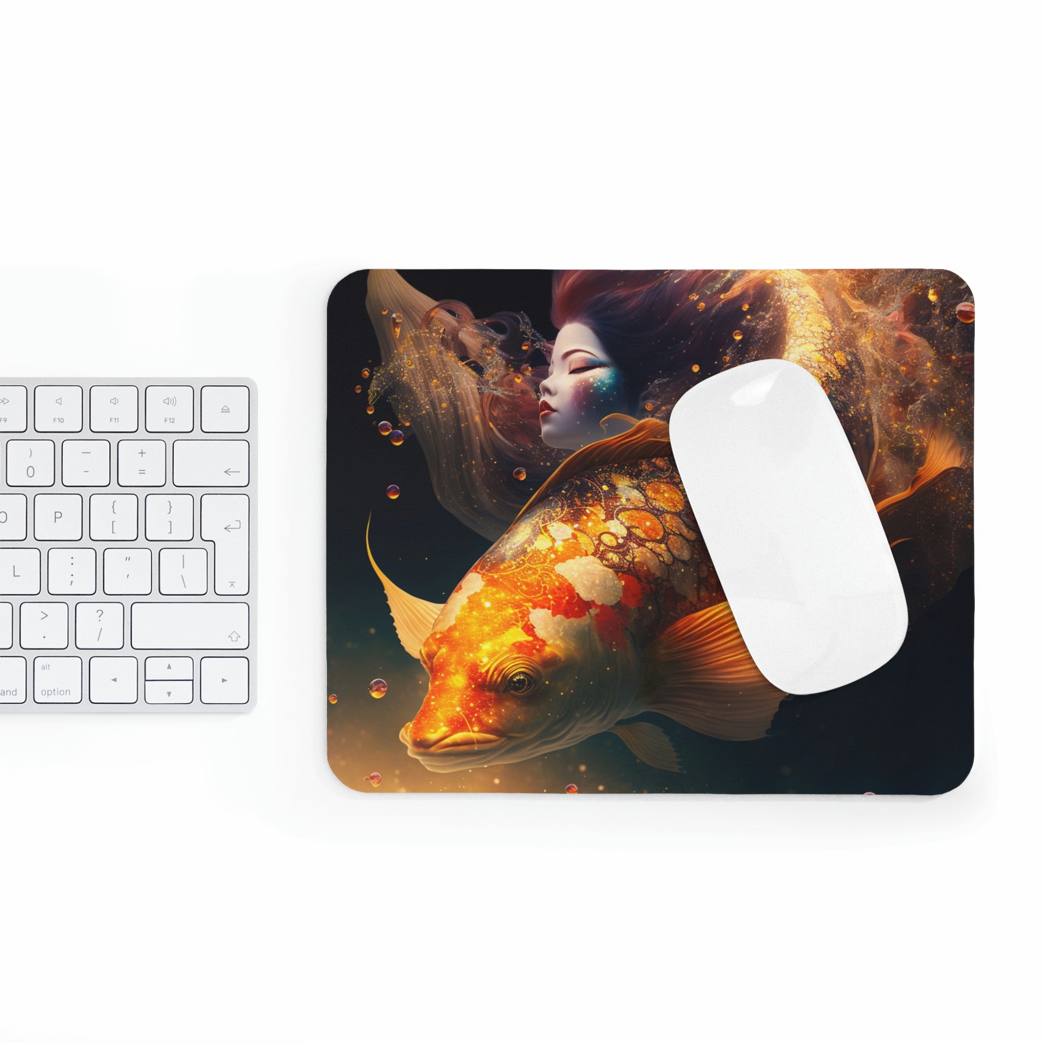 Colorful Fish and Girl Mouse Pad featuring a whimsical design with vibrant colors and a non-slip rubber base.