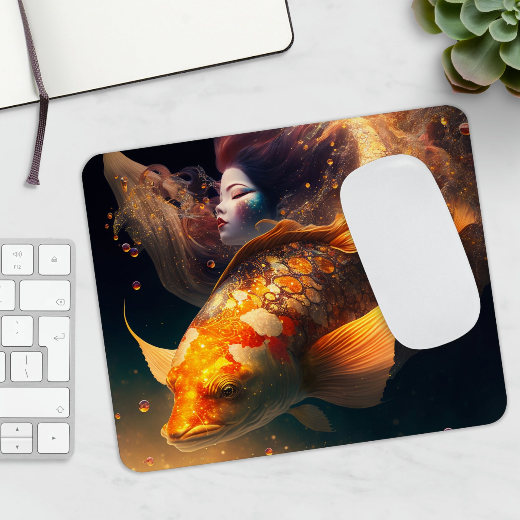 Colorful Fish and Girl Mouse Pad featuring a whimsical design with vibrant colors and a non-slip rubber base.