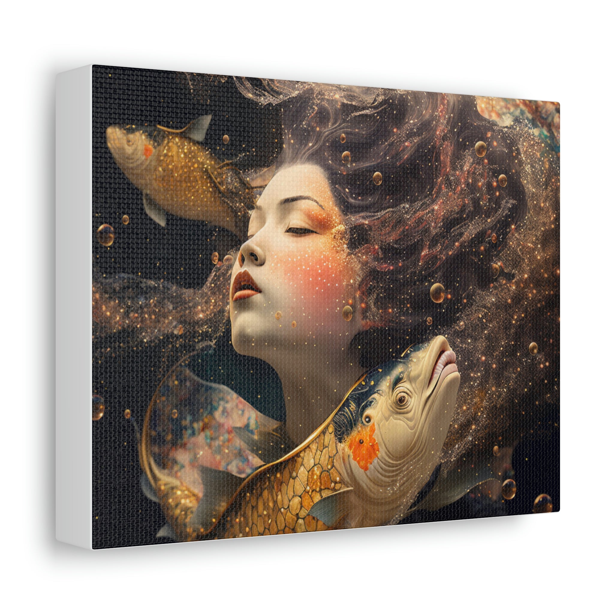 A vibrant Fish and Girl Stretched Canvas artwork, showcasing intricate details and rich colors, elegantly framed on a wooden structure.