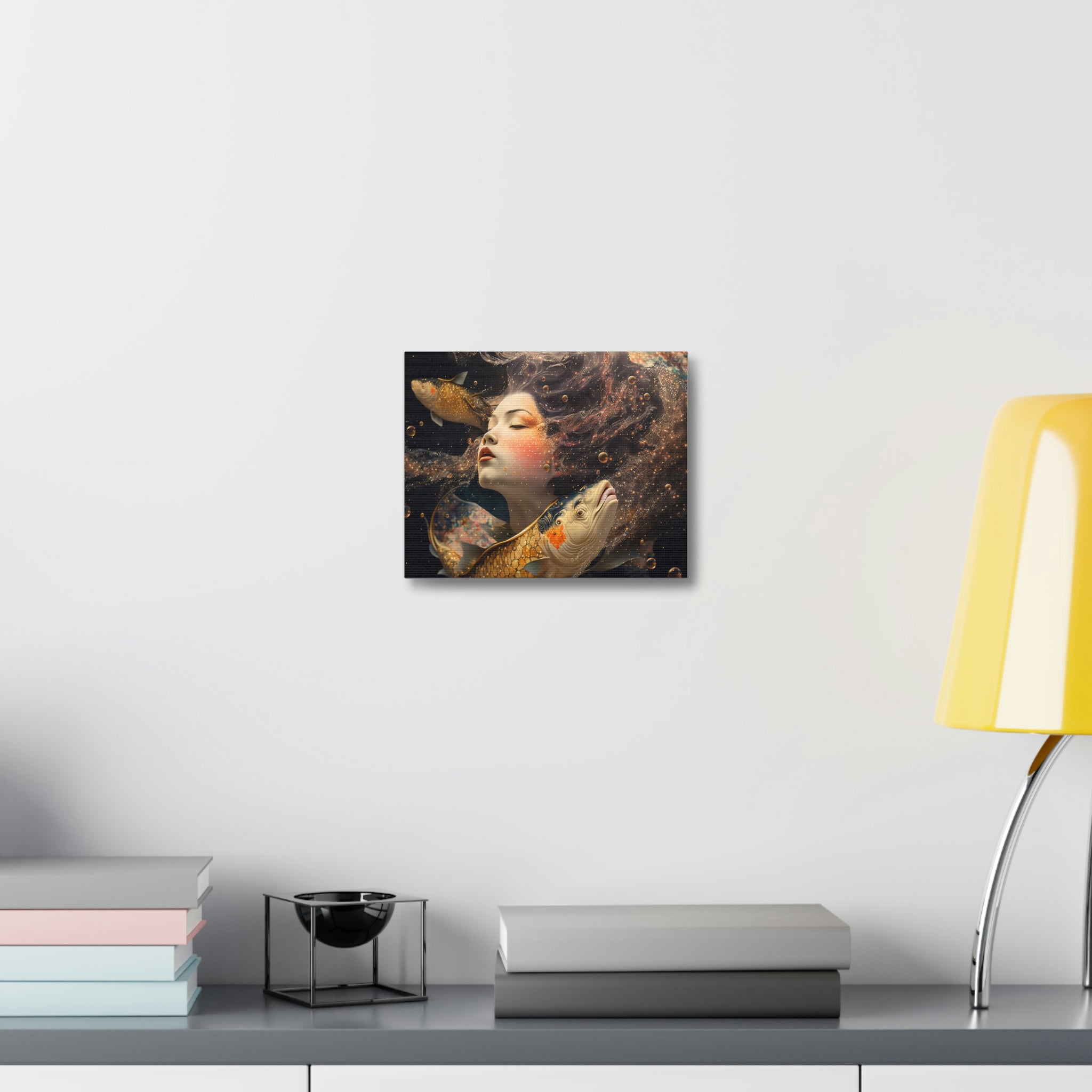 A vibrant Fish and Girl Stretched Canvas artwork, showcasing intricate details and rich colors, elegantly framed on a wooden structure.