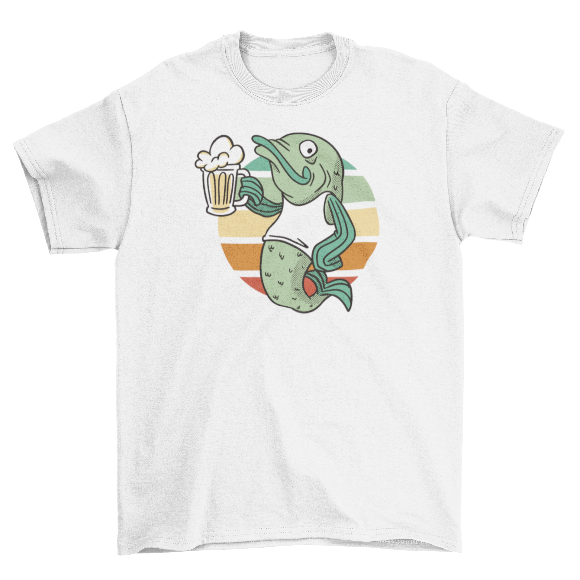 A colorful cartoon t-shirt featuring a trout fish holding a beer jar, perfect for casual wear.