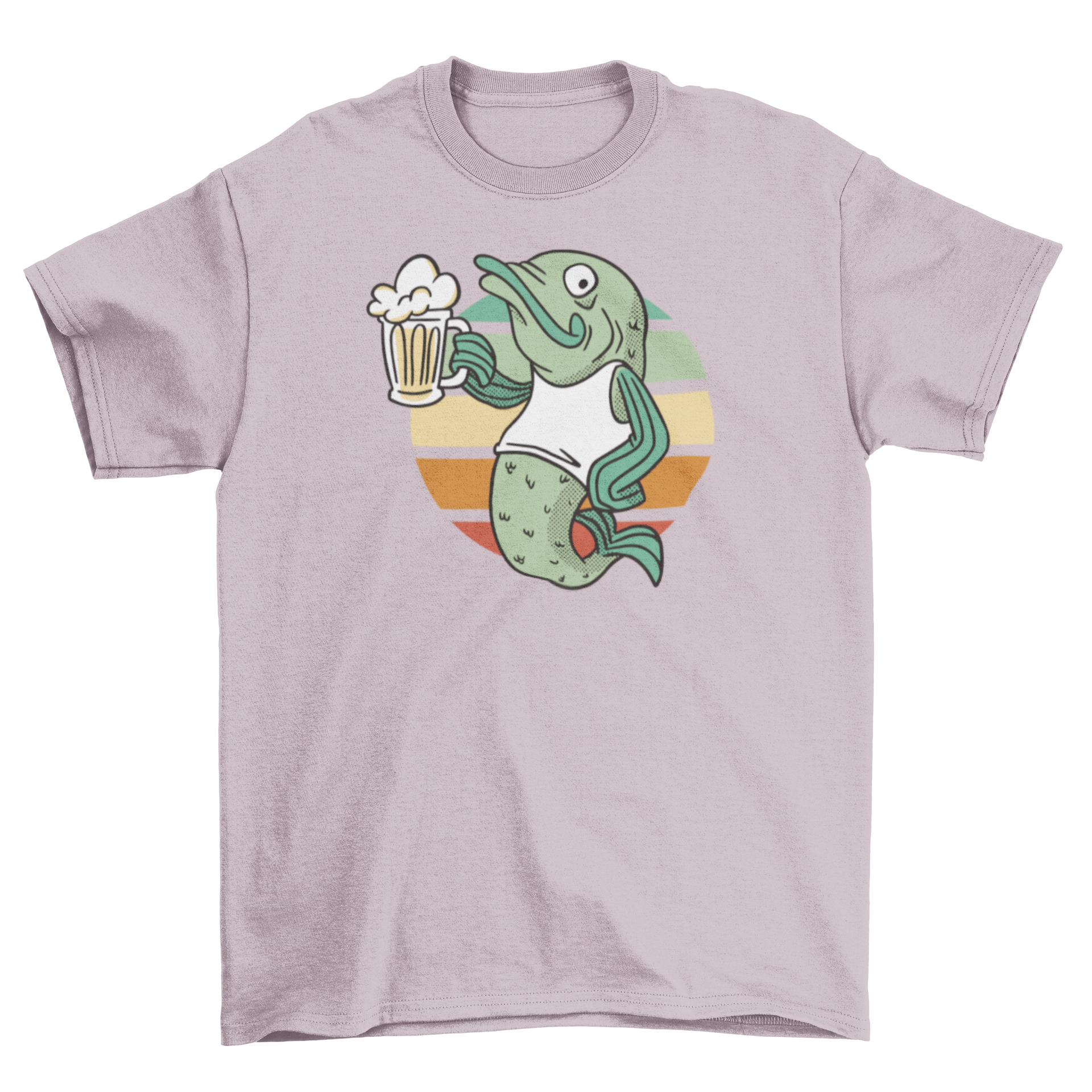 A colorful cartoon t-shirt featuring a trout fish holding a beer jar, perfect for casual wear.