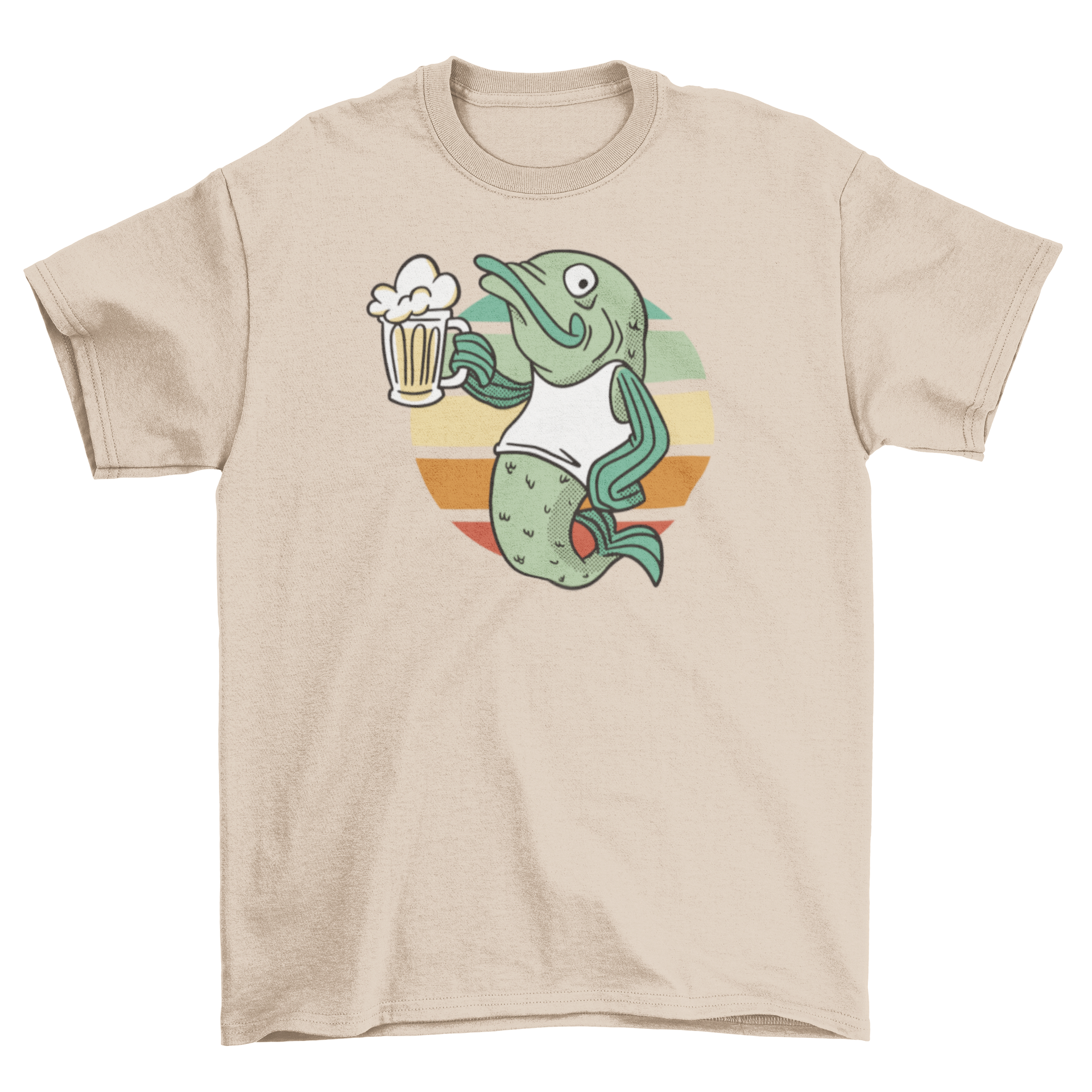 A colorful cartoon t-shirt featuring a trout fish holding a beer jar, perfect for casual wear.