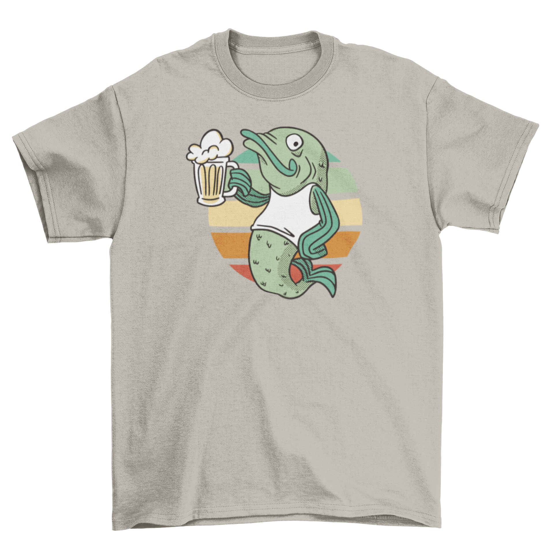 A colorful cartoon t-shirt featuring a trout fish holding a beer jar, perfect for casual wear.