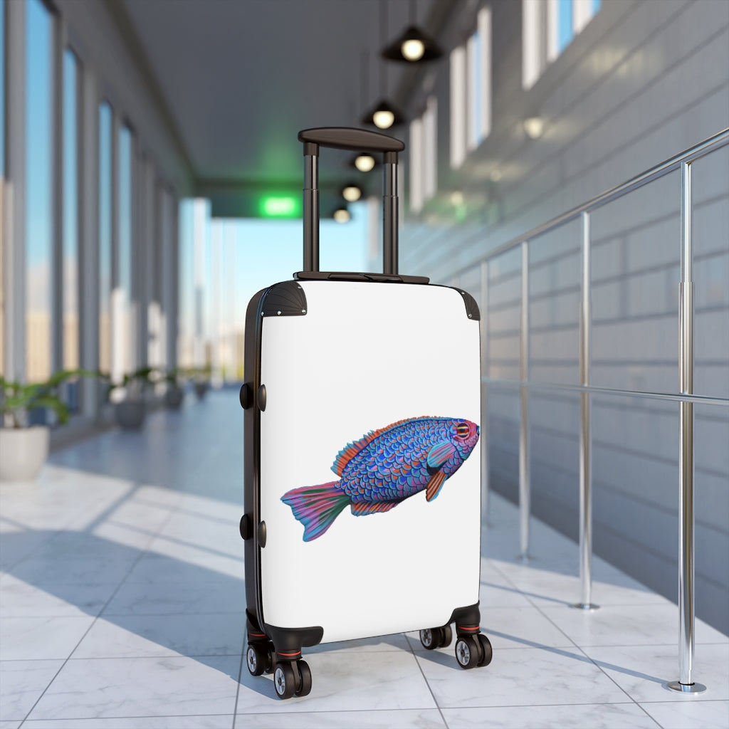 Fish Cabin Suitcase in faux leather with adjustable handle and wheels, showcasing personalized artwork.