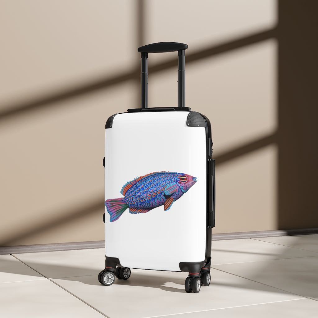 Fish Cabin Suitcase in faux leather with adjustable handle and wheels, showcasing personalized artwork.