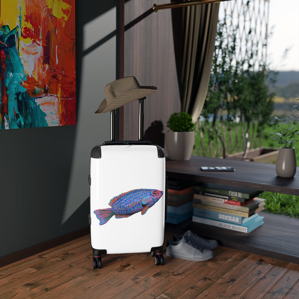 Fish Cabin Suitcase in faux leather with adjustable handle and wheels, showcasing personalized artwork.