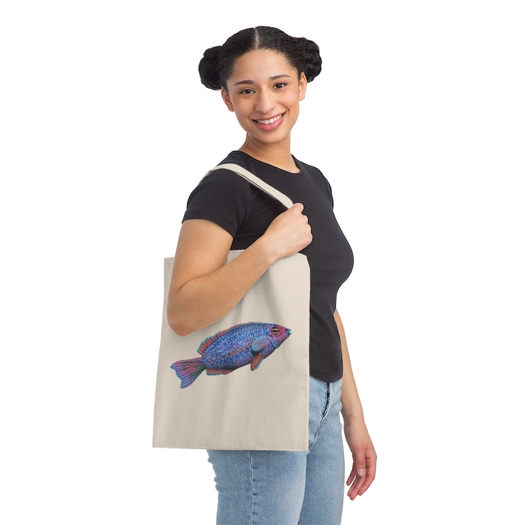 Fish Canvas Tote Bag made of 100% cotton sheeting, featuring reinforced handles and a stylish design for personalized use.