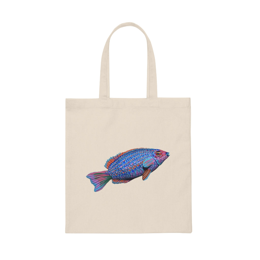 Fish Canvas Tote Bag made of 100% cotton sheeting, featuring reinforced handles and a stylish design for personalized use.